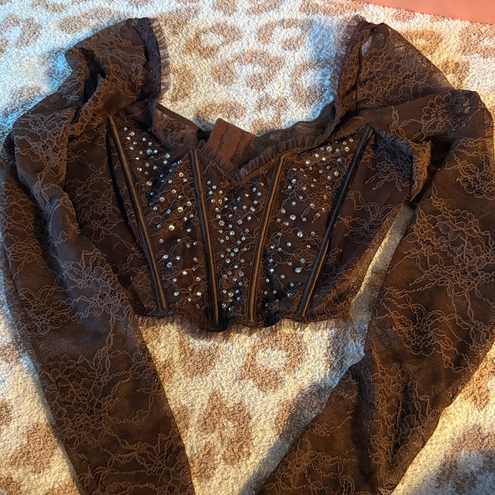 Victoria's Secret Brown Lace Embellished Blouse
